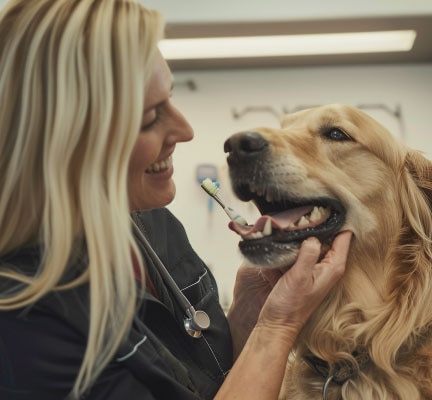 Vet cleaning dog's teeth